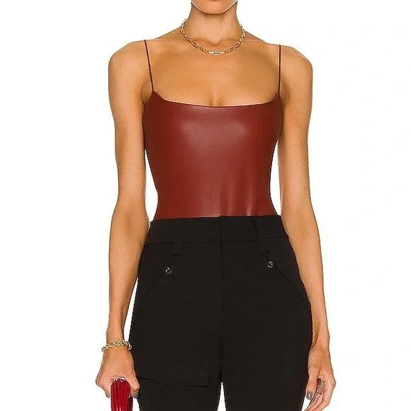 ALIX NYC Hirst Bodysuit Faux Leather Marroon Red Sleeveless Back Cut Out M - Picture 3 of 15